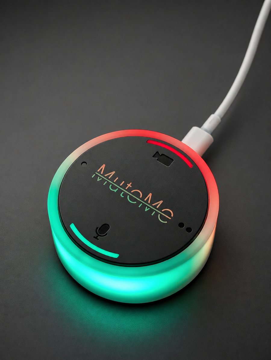 MuteMe Click promotional preview with microphone, camera and two shortcut controls